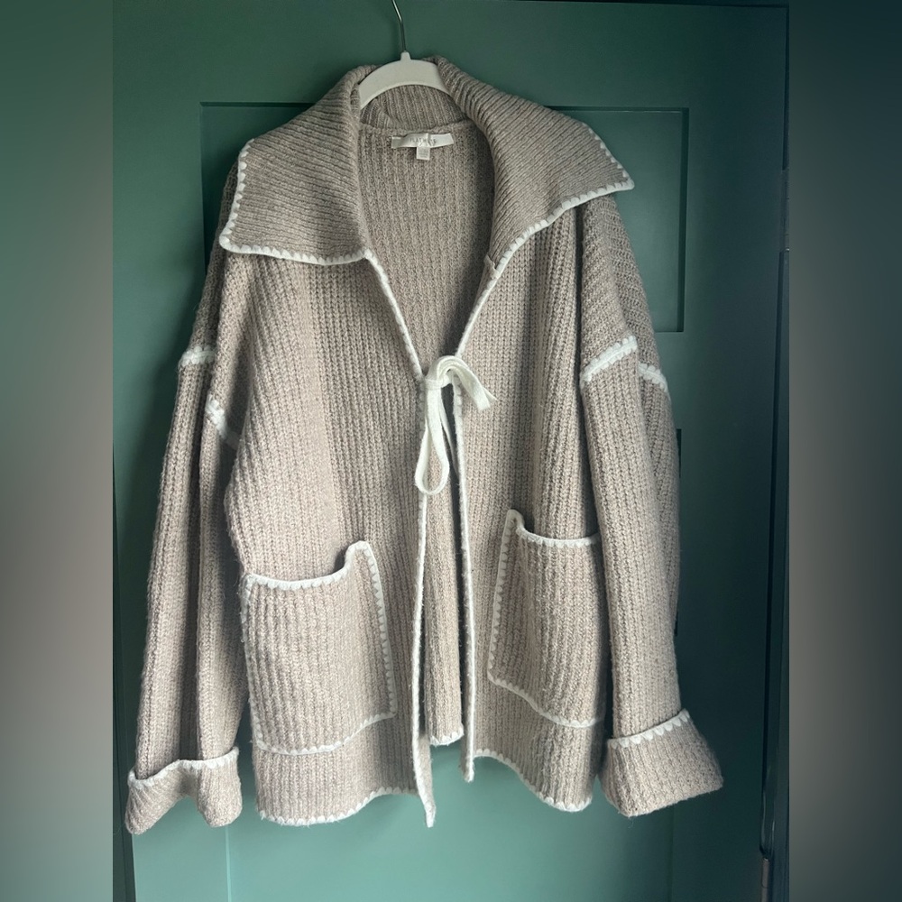 Anthropologie Flat White Whipstitch Tie-Front Knit Cardigan Sweater One Size